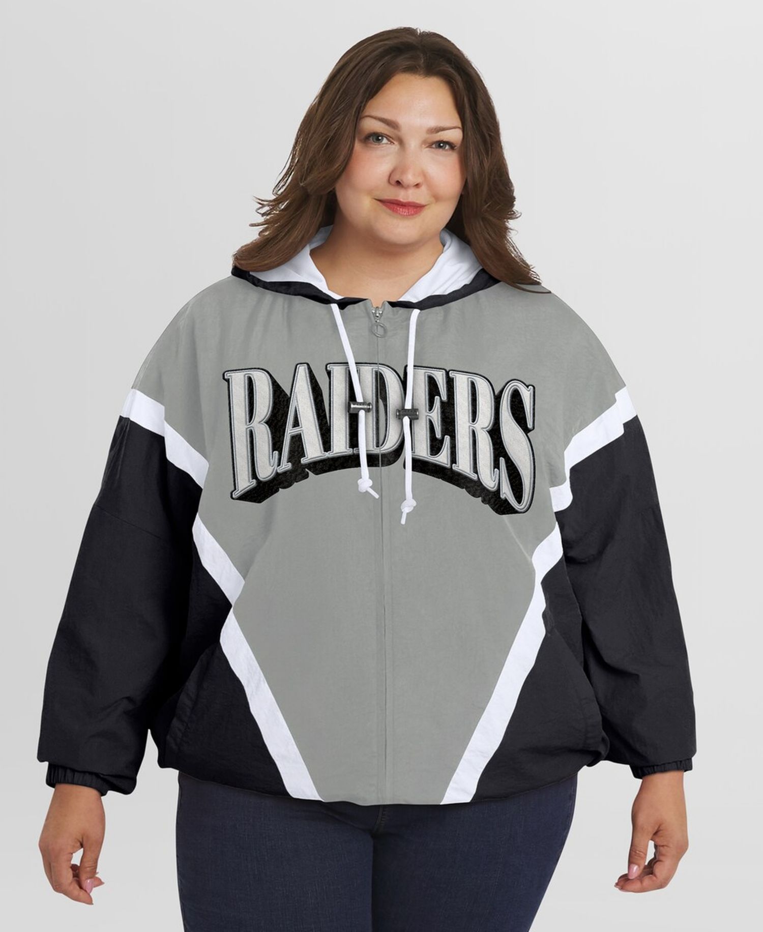 Women's Black/Gray Las Vegas Raiders Plus Size Retro Crinkle Full-Zip Hoodie Windbreaker Jacket