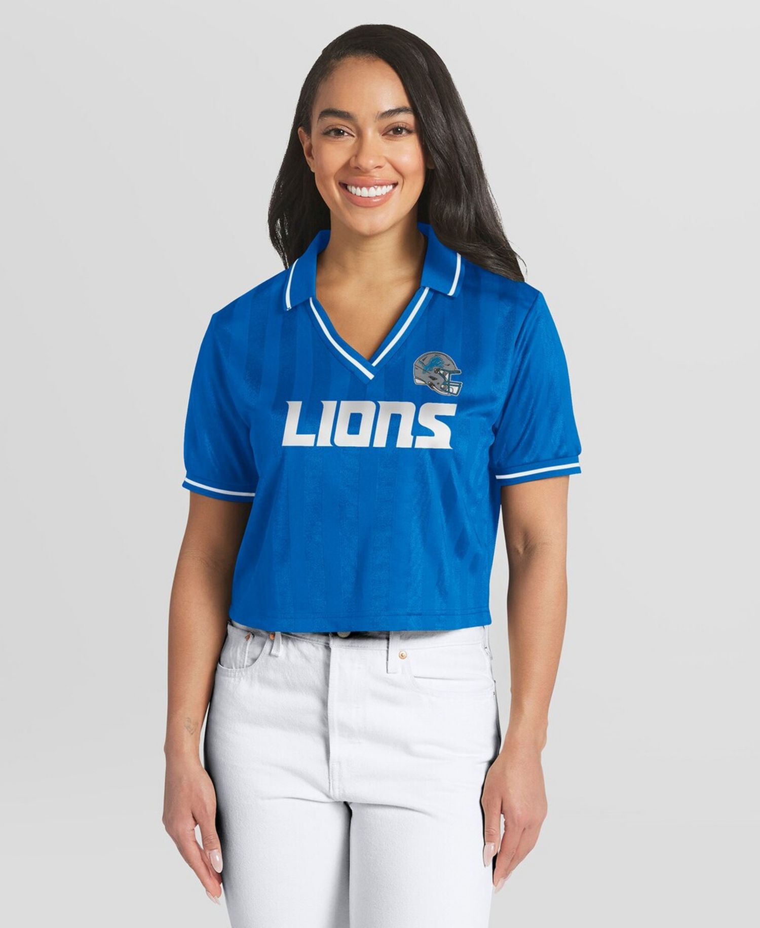 Women's Blue Detroit Lions Cropped Jersey Polo Shirt