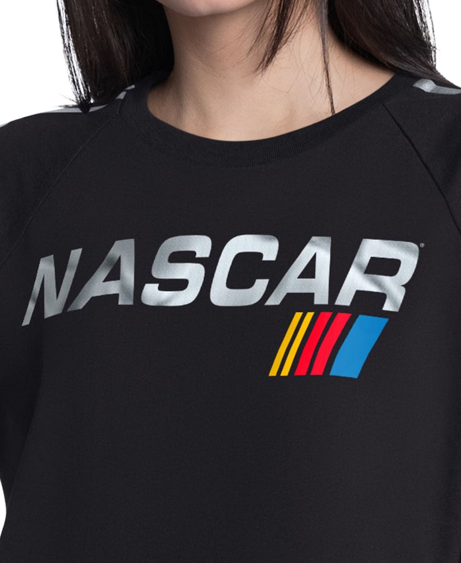 Women's Black NASCAR Merchandise Raglan Cropped Classic Play Silver Trim T-Shirt
