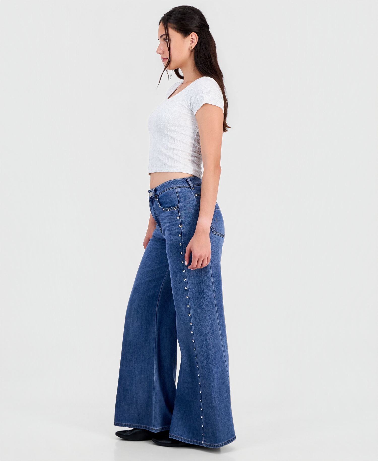 Juniors' High-Waisted Wide-Leg Studded Jeans