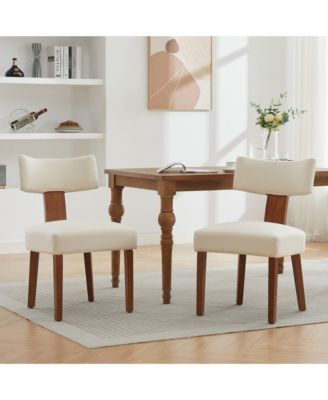 Linen Fabric Dining Chairs Set of 2, Modern Armless Kitchen Chairs with Curved Backrest and Solid Wooden Legs for Dining Room