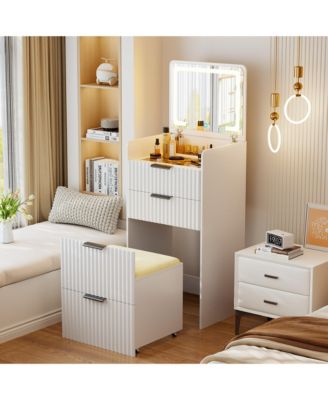 3-in-1 Flip Top Mirror Vanity Desk, Glass Desktop Dressing Table with 3 Drawers and Padded Stool