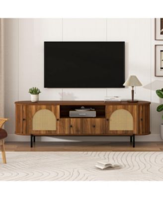 American Style TV Stand, Hidden Storage, with Rattan Arched Doors, Steel Legs, Rounded Corners, for Living Room