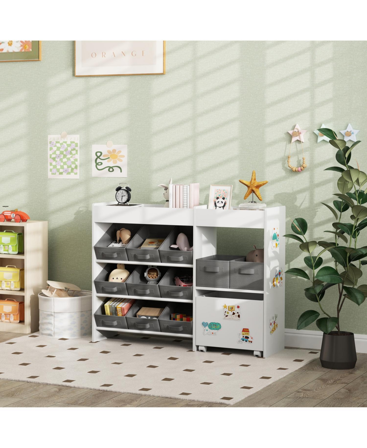Rainsken Toy Storage Organizer for Kids, with 6 Shelves and 11 Fabric Bins, Moveable Cabinet and 3 Stickers, for Nursery, Playroom, Bedroom