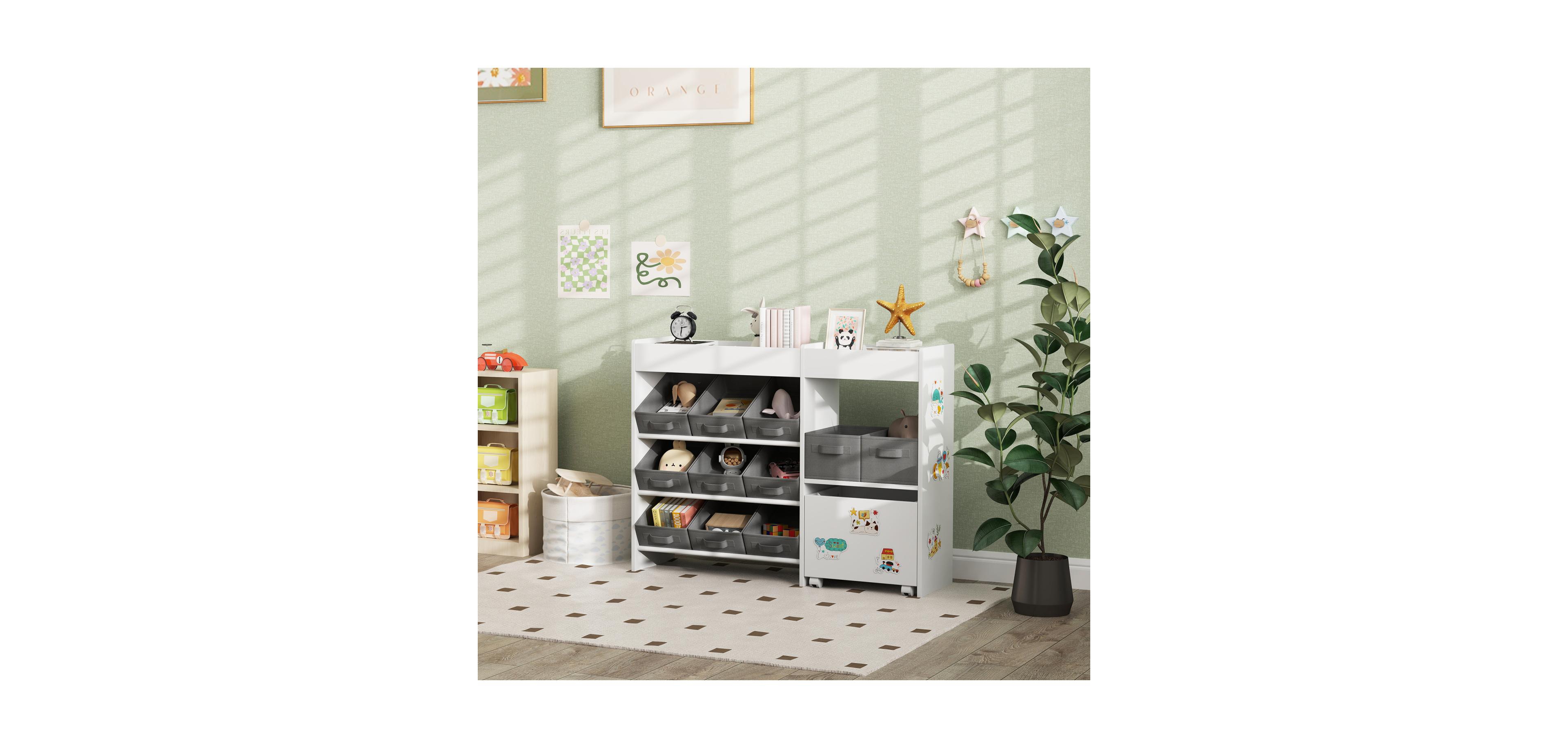 Rainsken Toy Storage Organizer for Kids, with 6 Shelves and 11 Fabric Bins, Moveable Cabinet and 3 Stickers, for Nursery, Playroom, Bedroom