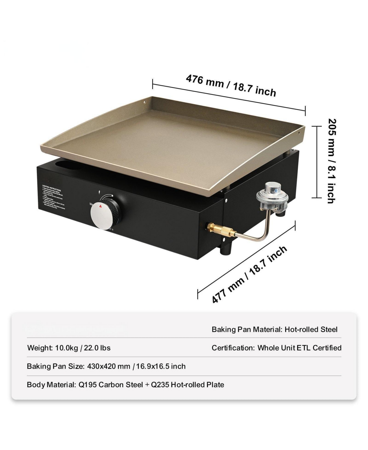 Cozito Countertop Gas Griddle, 16.9 inches Manual Flat Top with Steel Plate and 22,000 Btu Output