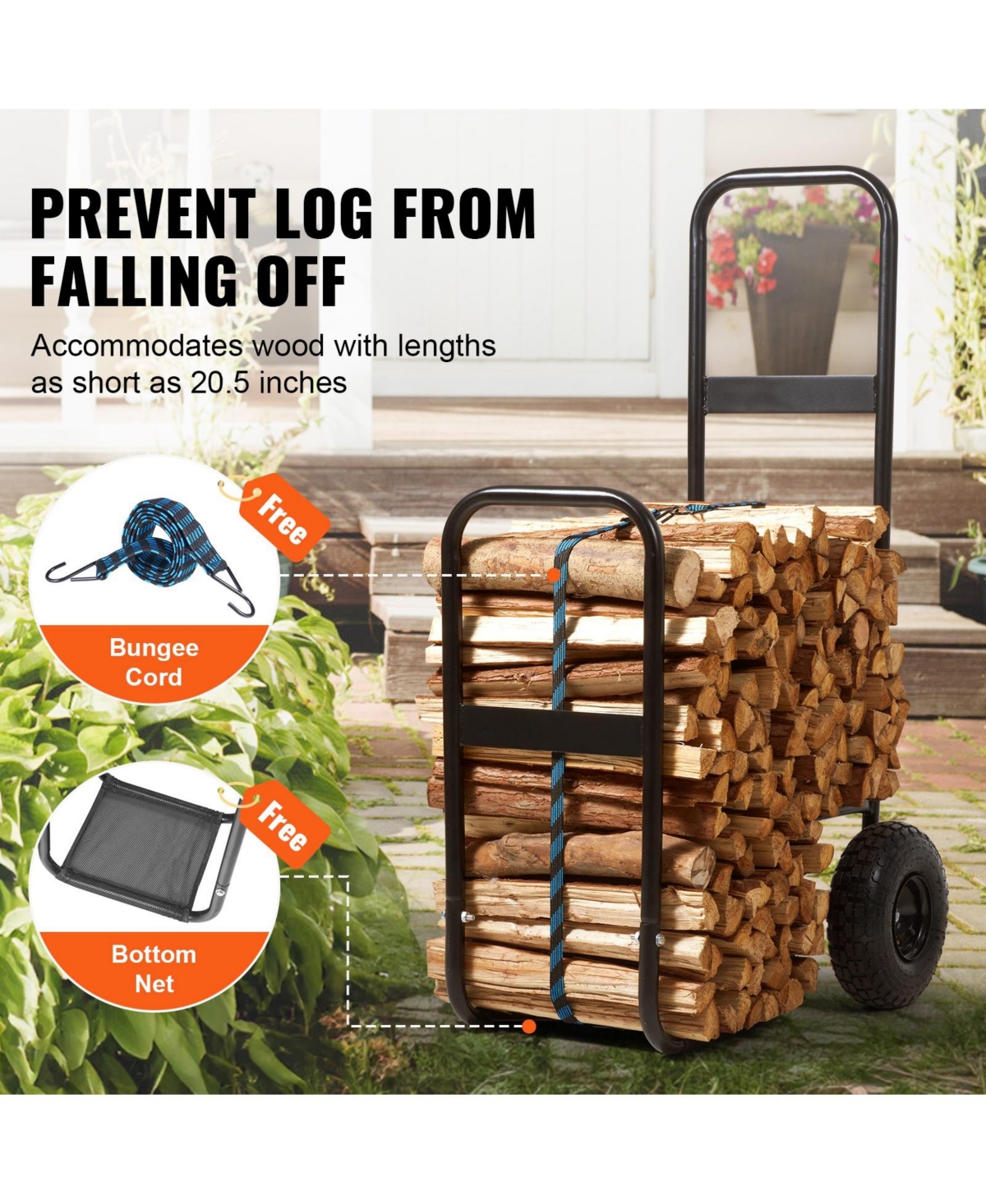 Cozito Firewood Log Cart, 250 lb Capacity Steel Dolly with Pneumatic Rubber Wheels