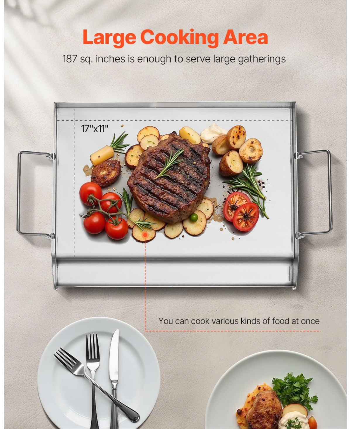 Cozito Stainless Steel Griddle, 17 x 13 inches Flat Top Gas Grill Plate with Handles
