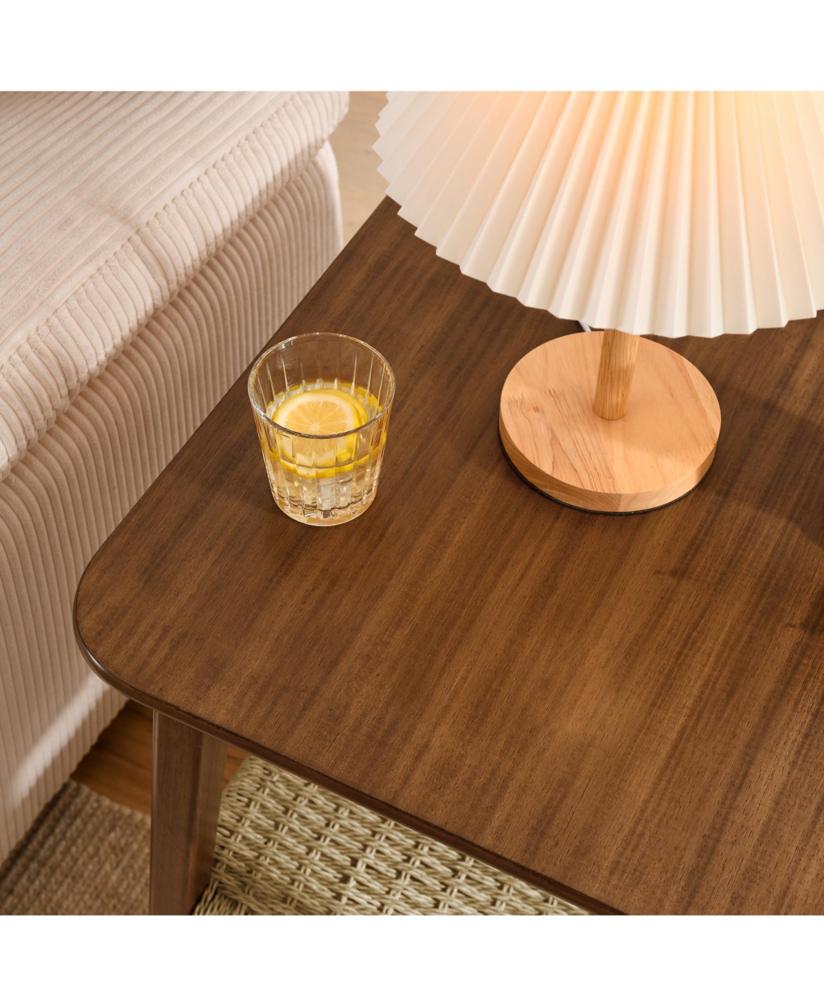 Rainsken 23" Square Wooden End Table with Woven Storage Shelf, Mid-Century Bedside Table, Nightstand for Living Room, Bedroom