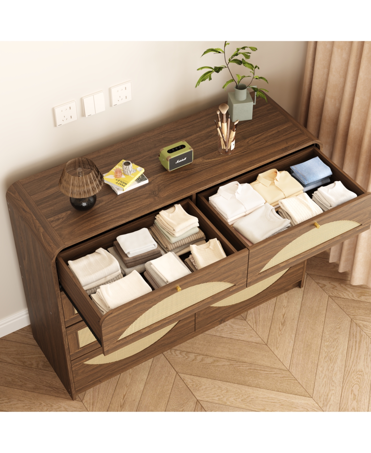 Rainsken 8 Drawer Double Dresser, Rattan Wide Particle Board Chest, Space Saving Storage Organizer