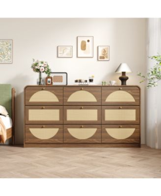 9 Drawer Dresser, Rattan Wide Particle Board Chest, Space Saving Storage Organizer, for Bedroom Living Room and Apartment
