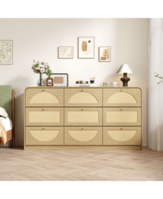 9 Drawer Dresser, Rattan Wide Particle Board Chest, Space Saving Storage Organizer, for Bedroom Living Room and Apartment