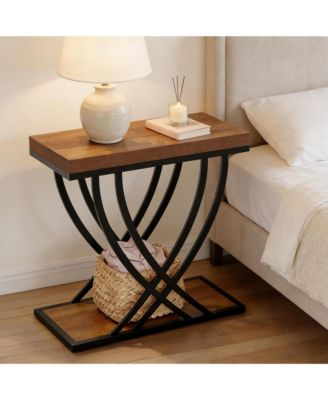 Narrow 2-Tier Nightstand, Industrial Bedside Table with 2 Open Shelves and Metal Frame, Wood End Table for Living Room, Bedroom