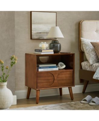 Modern Fluted Nightstand, with Charging Station USB Ports and Outlet Hole, 4 Solid Wood Legs, for Bedroom Living Room