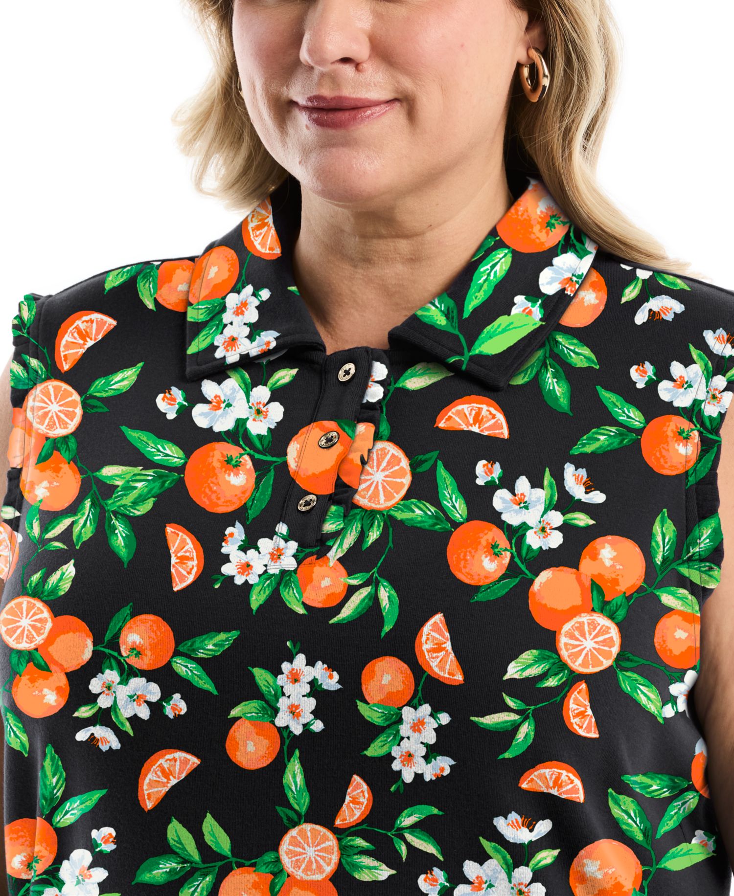 Plus Size Orange Print Ruffle Trim Sleeveless Polo Shirt