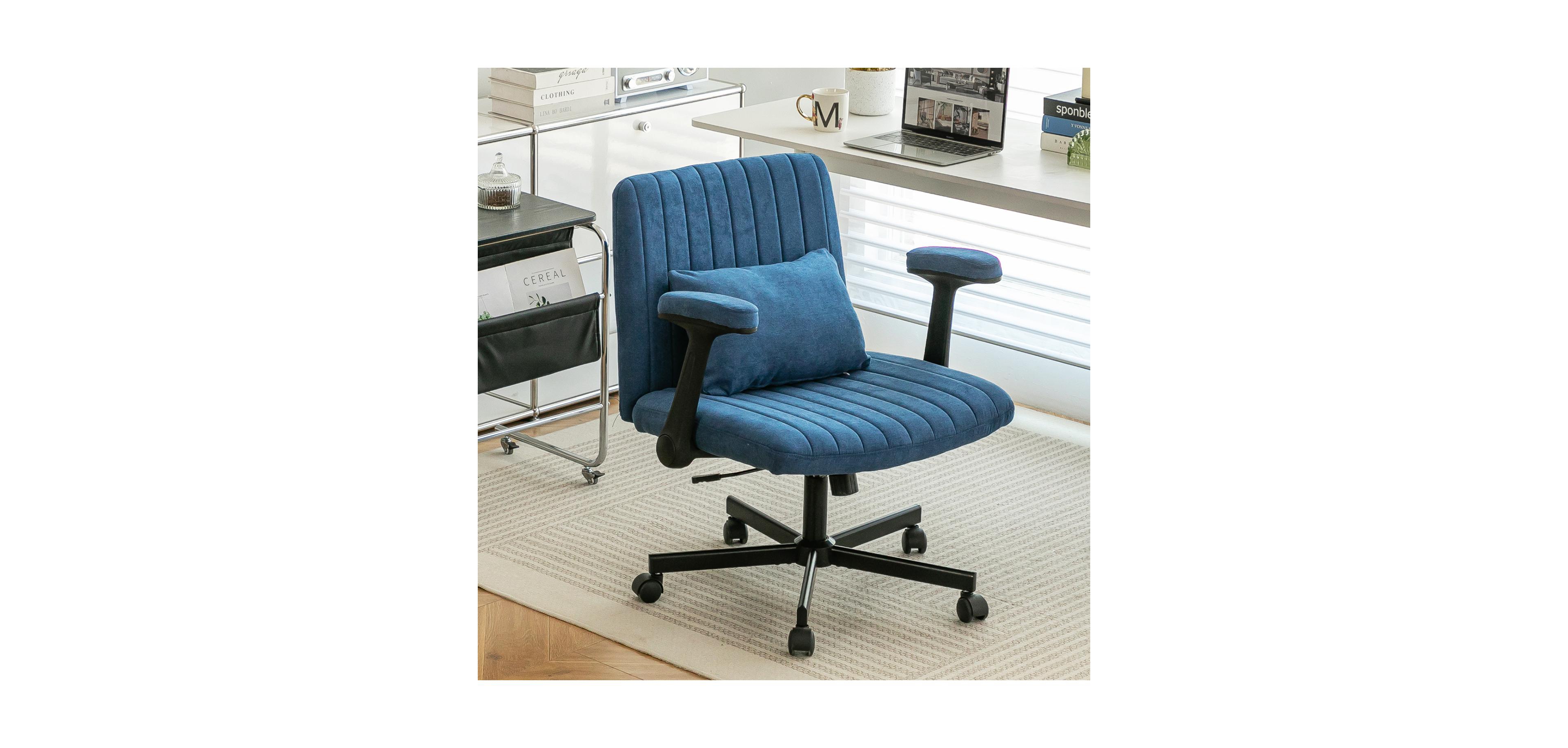 Rainsken Linen Cross Legged Office Chair, with Adjustable Flip Armrest, for Home Office, Apartment, Criss Chair Meditation, Makeup