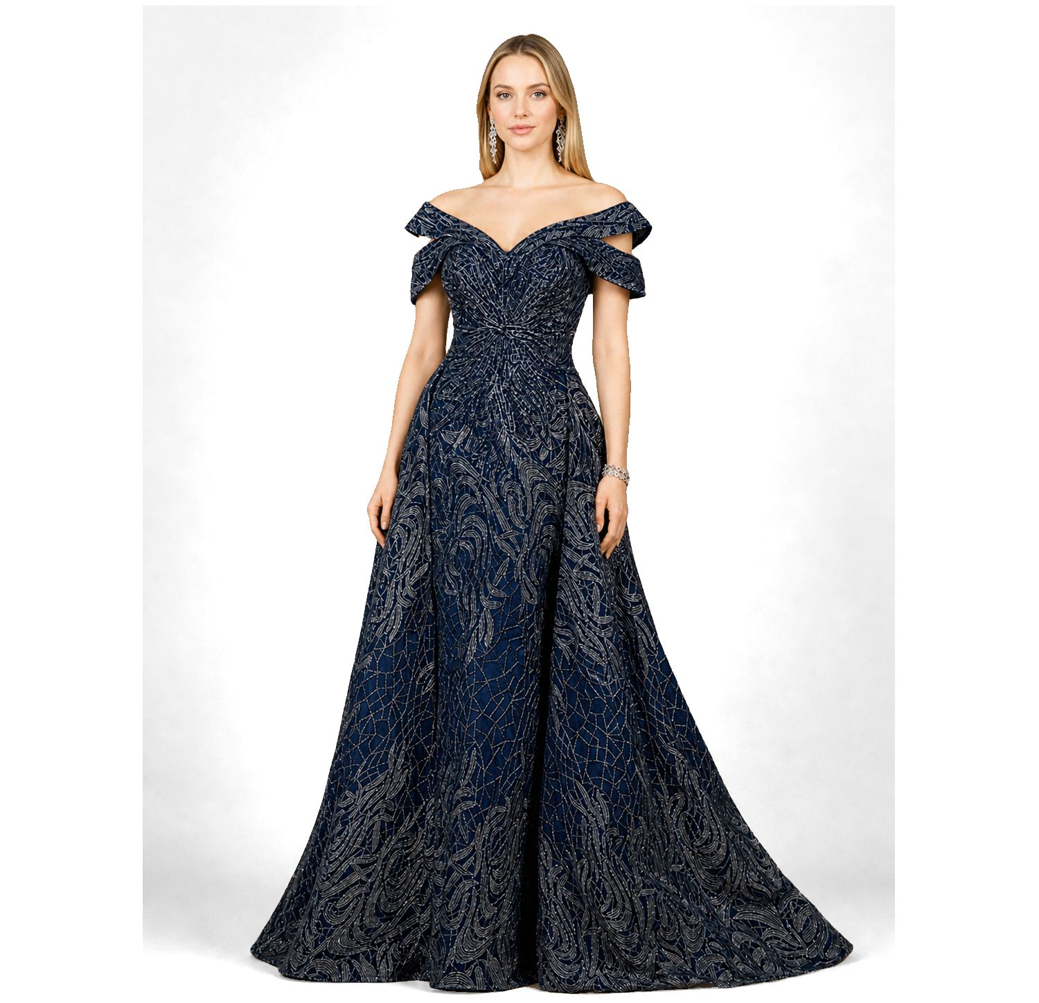 Women's Off Shoulder Mermaid Lace Gown with Overskirt