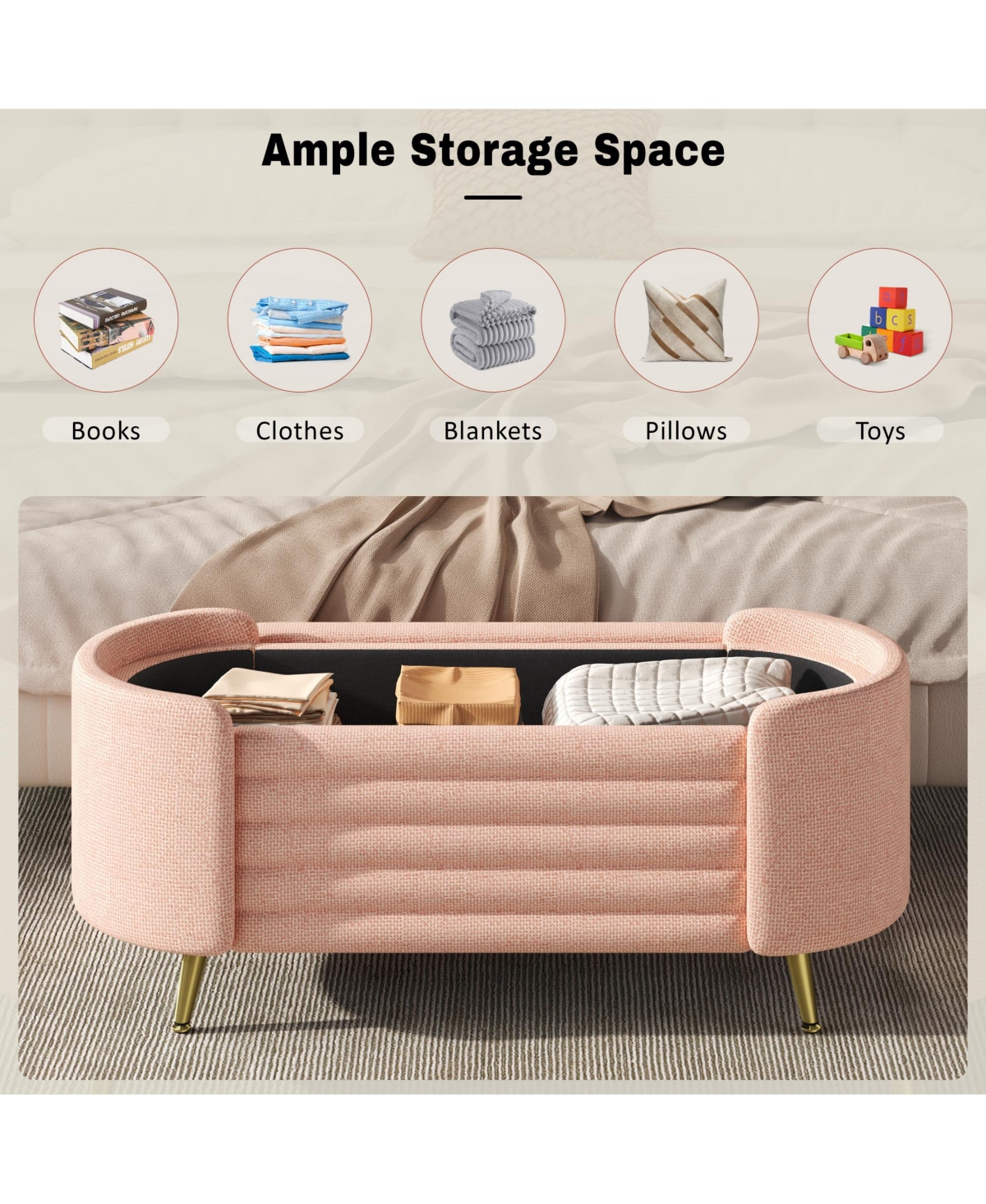 Rainsken Storage Ottoman - Upholstered Storage Bench, Oval End of Bed Bench for Living Room, Bedroom and Entryway