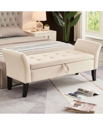 51.5 Inch Storage Ottoman Bench, Velvet Upholstered End of Bed Bench, Window Bench with Solid Wood Legs and Curved Armrests for Living Room