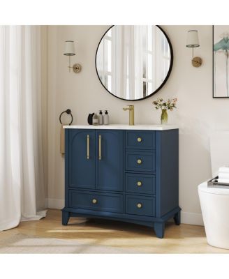 35.6" Bathroom Vanity with Ceramic Sink, Solid Wood MDF Cabinet, 4 Drawers Ample Storage for Modern Vintage Bathrooms