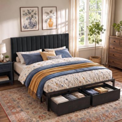 Bed Frame with Upholstered Headboard, Adjustable Headboard Iron Platform Bed, No Box Spring Needed, Heavy Duty Bed Frame