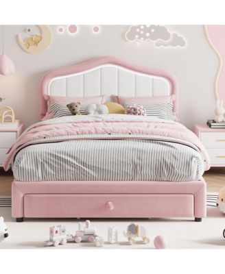 Upholstered Platform Bed Frame with LED Headboard, Storage Drawer, Wood Slat Support, No Box Spring Required