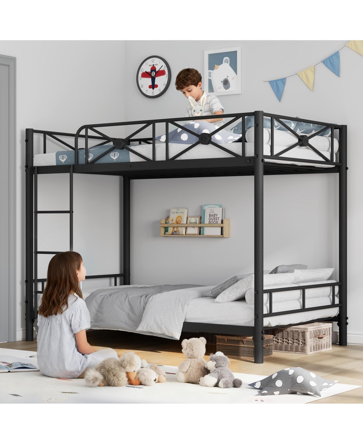 homfan Twin Over Metal Bunk Bed with Floral Design, Safety Guardrails, Space-Saving Steel Frame for Bedroom or School
