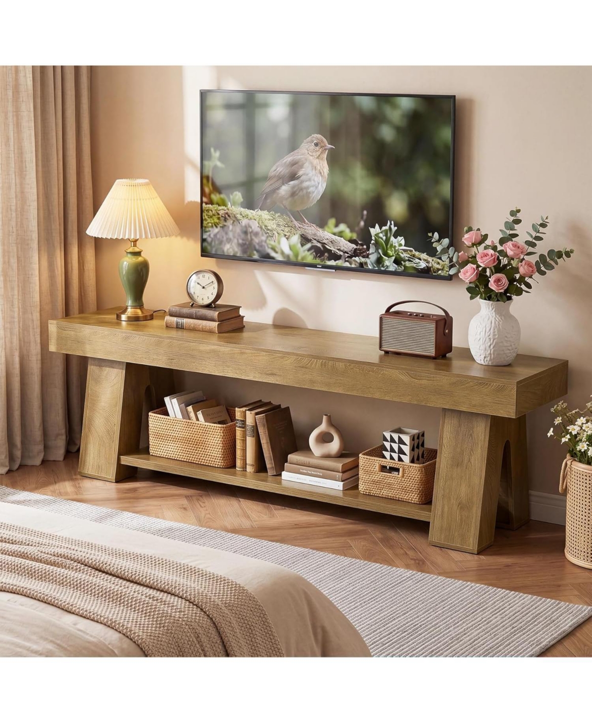 Tribesigns Wooden Tv Stand for Tvs up to 65, Natural Modern Entertainment Center with Lower Open Shelf, 63" Farmhouse TV Media Console