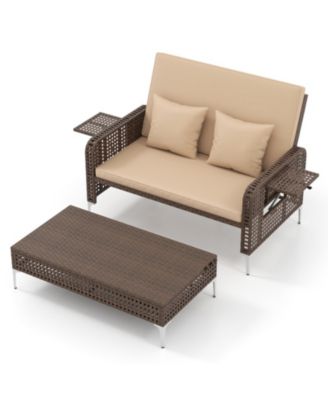 2-Piece Rattan Daybed Set with 4-Level Adjustable Backrest and Storage Ottoman