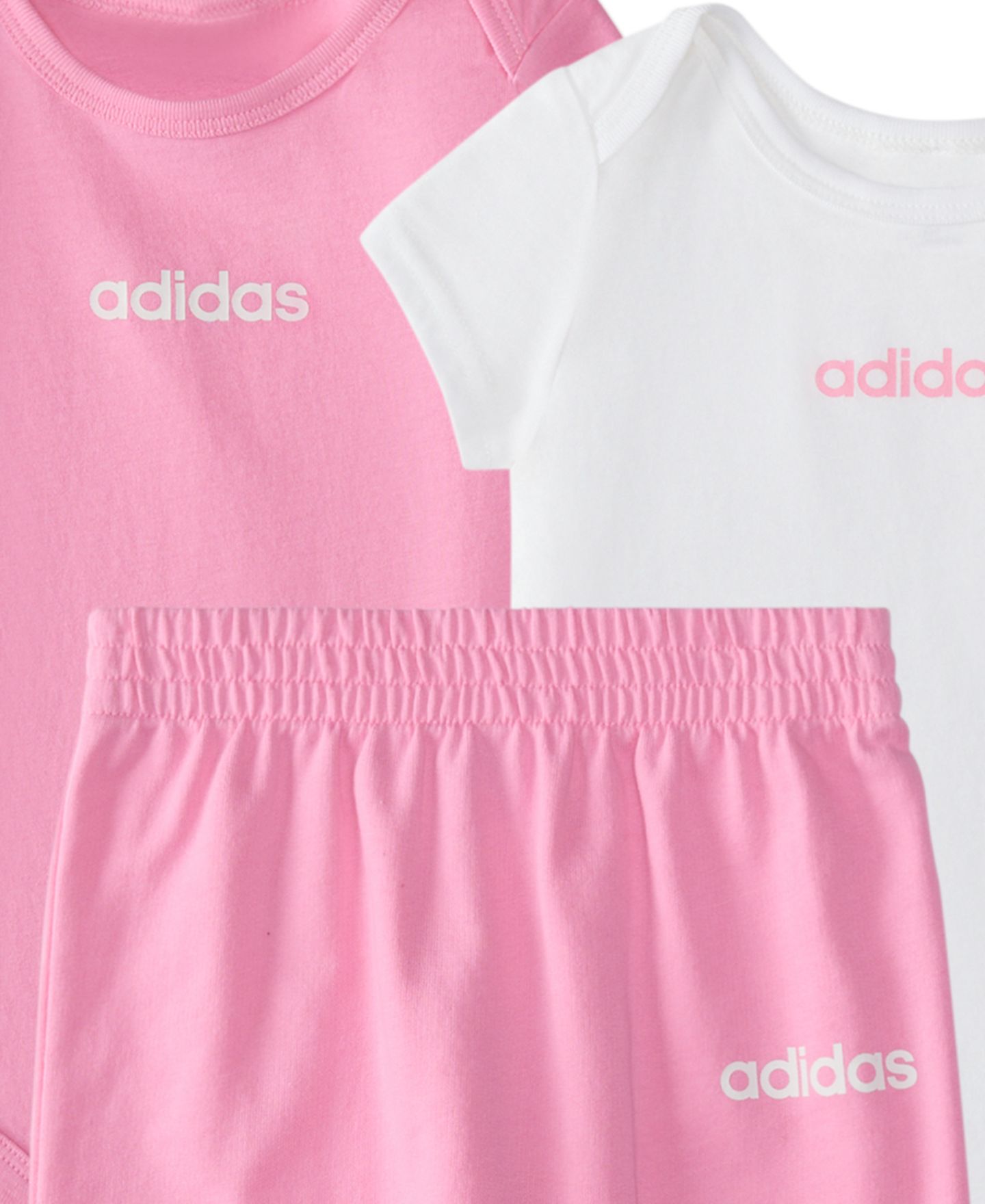 Детский комплект adidas для девочки: боди с круглым вырезом и брюки, 3 предмета, цвет: Яркий розовый — фото 3