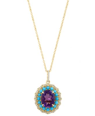 Amethyst (2-2/5 ct. t.w.), Turquoise (3/5 ct. t.w.) & Diamond (1/4 ct. t.w.) Pendant Necklace in 14k Yellow Gold