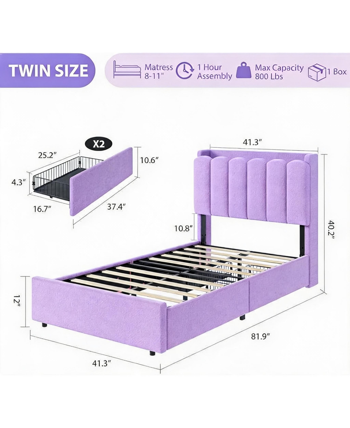 homfan Led Bed Frame with Storage Headboard and Drawers