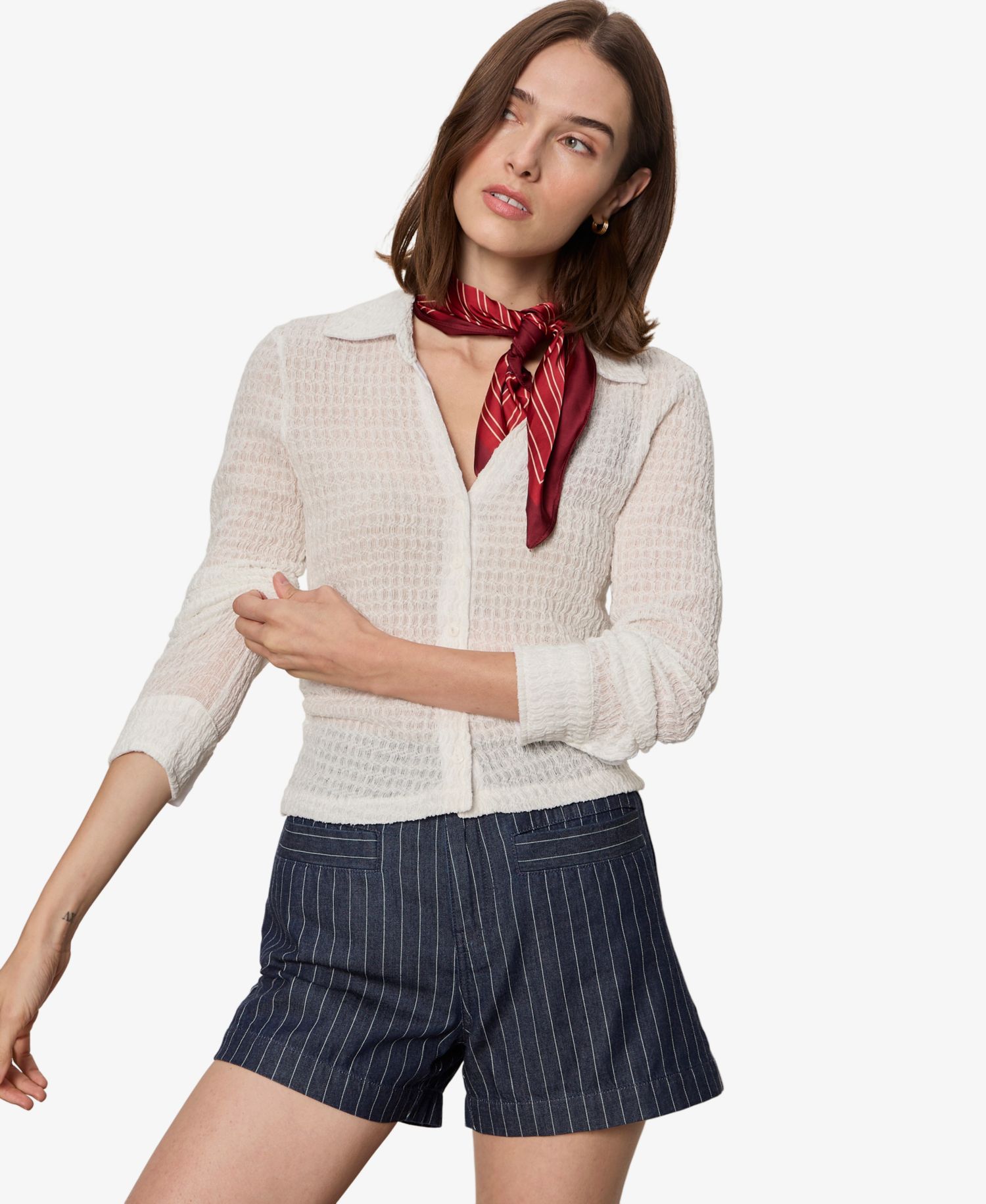 Petite Juno Textured Long-Sleeve Spread Collar Shirt