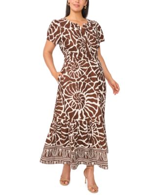 Plus Size Printed Split-Neck Tiered Cotton Maxi Dress