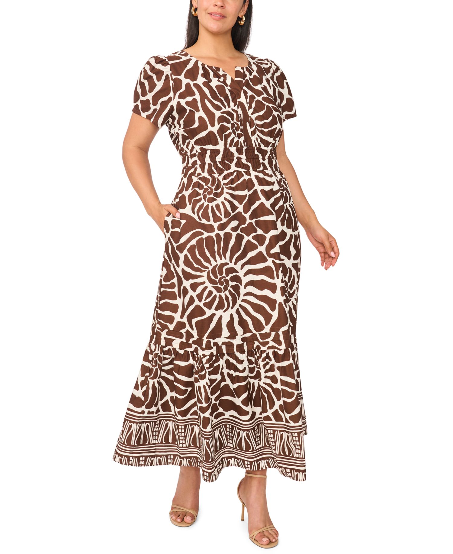 Plus Size Printed Split-Neck Tiered Cotton Maxi Dress