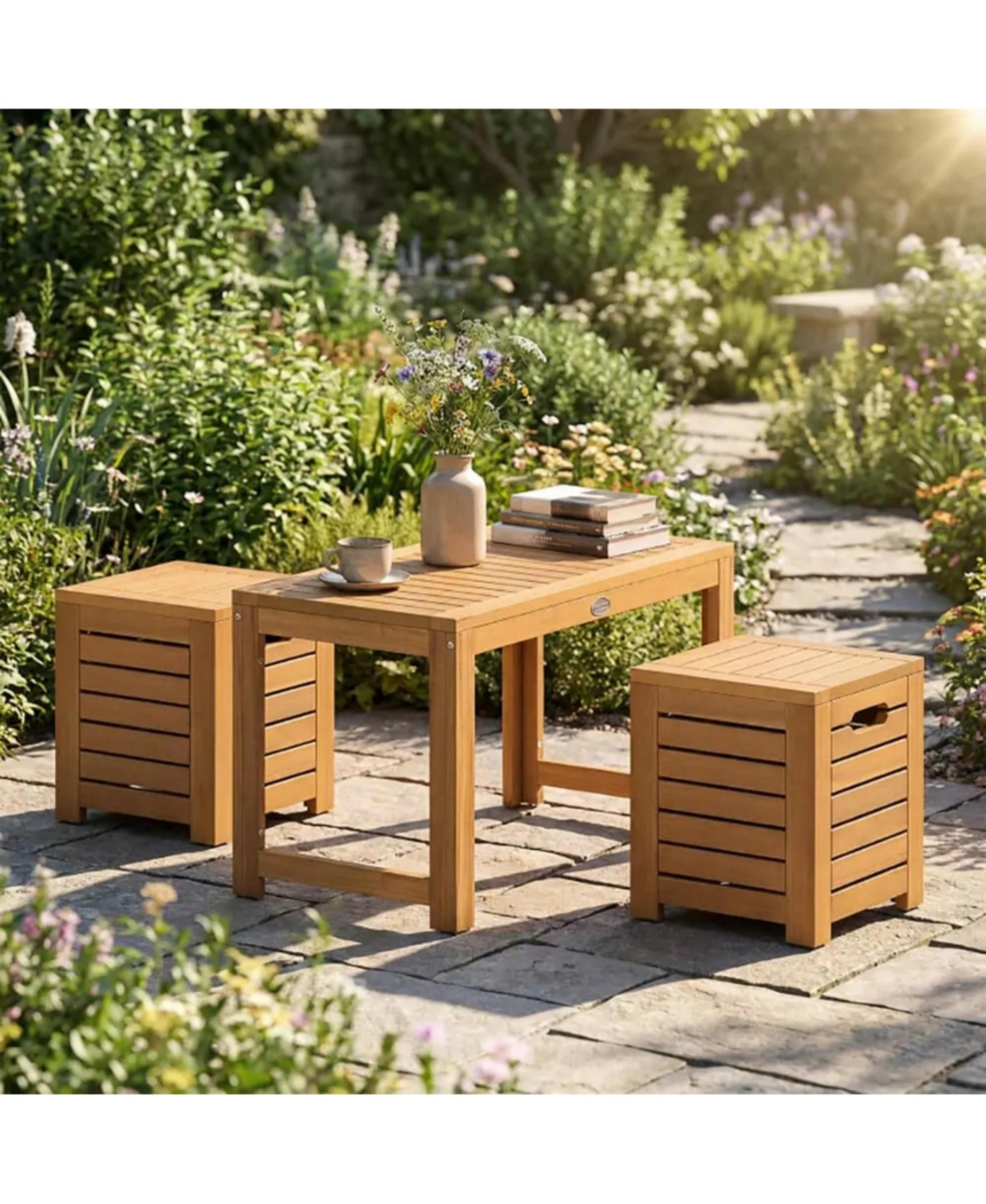 Yiortwo 3-Piece Acacia Wood Patio Coffee Table Set with Storage Stools