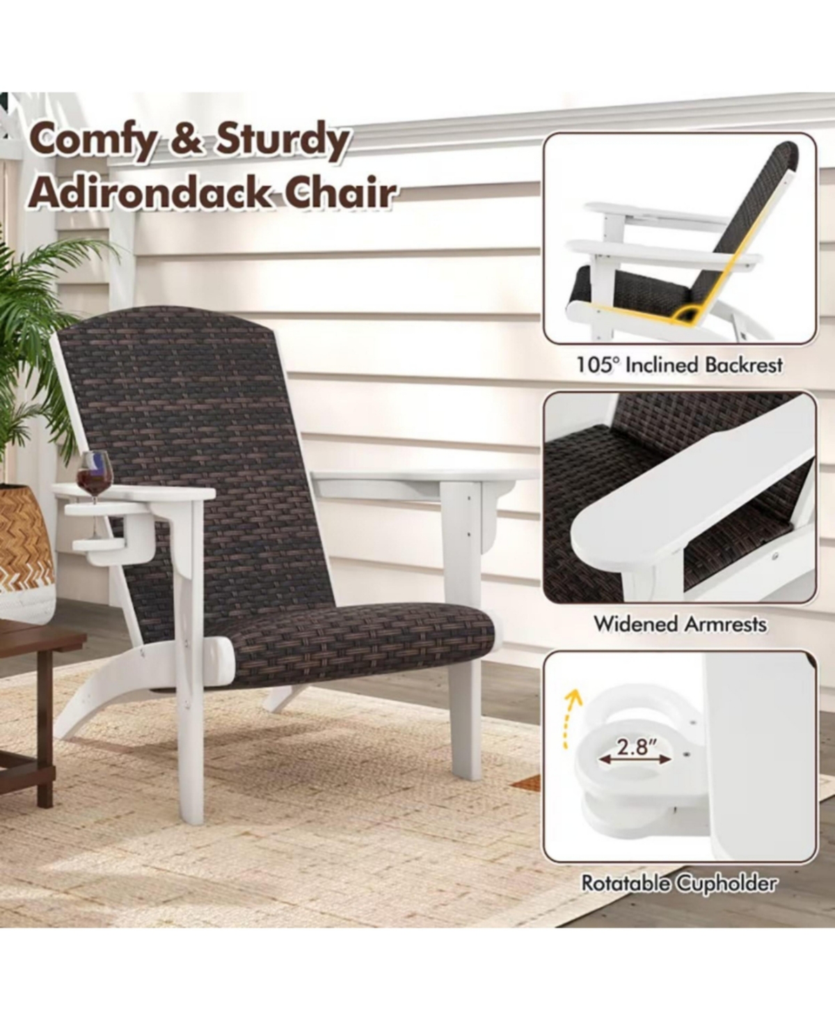 Yiortwo Outdoor Adirondack Chair with Rattan Padded Seat and Cup Holder