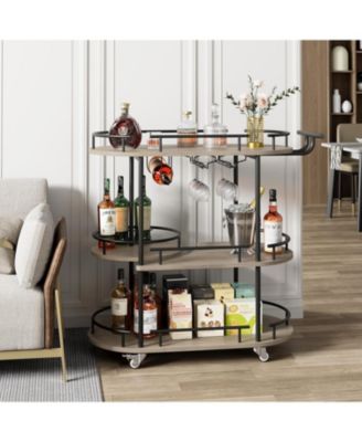3-Tier Bar Cart on Wheels, Mobile Serving Cart with Wine Rack and Glass Holder