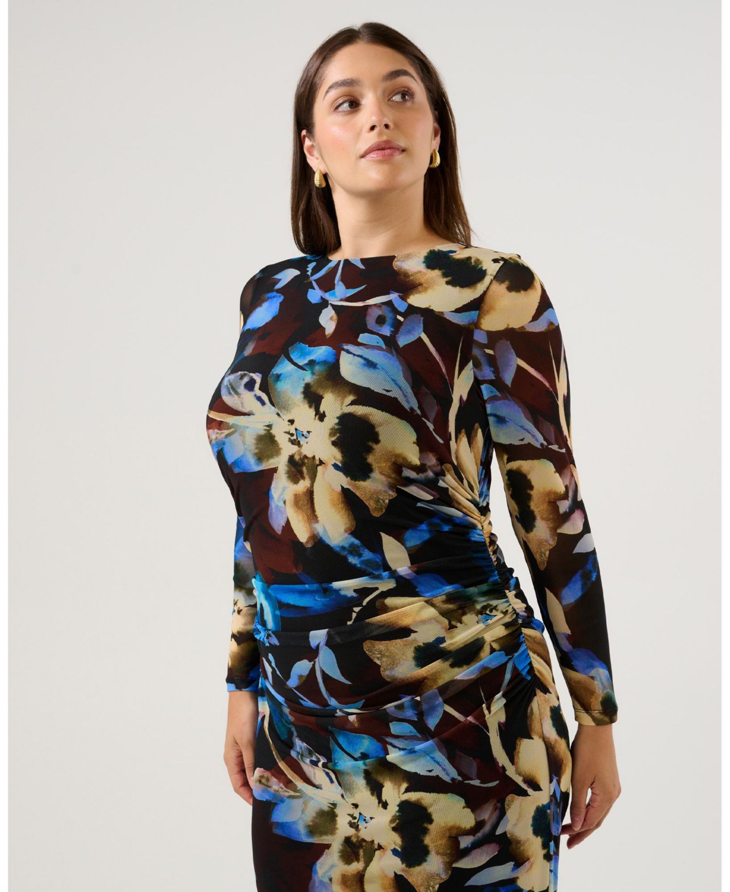Women's Cleo Floral Mesh Ruched Bodycon Midi Dress