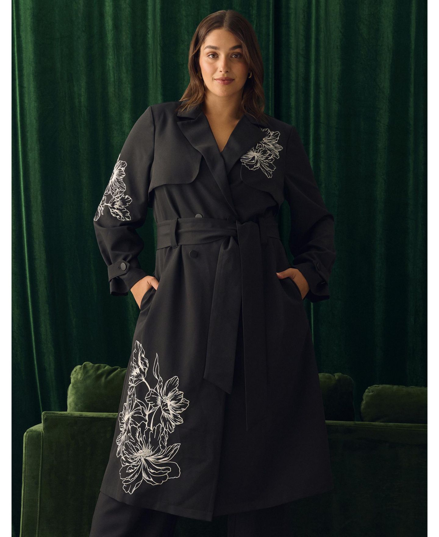 Женское пальто ESTELLE Monet Embroidered Belted Full-Length Trench, цвет: Чёрный / Кремовый — фото 7