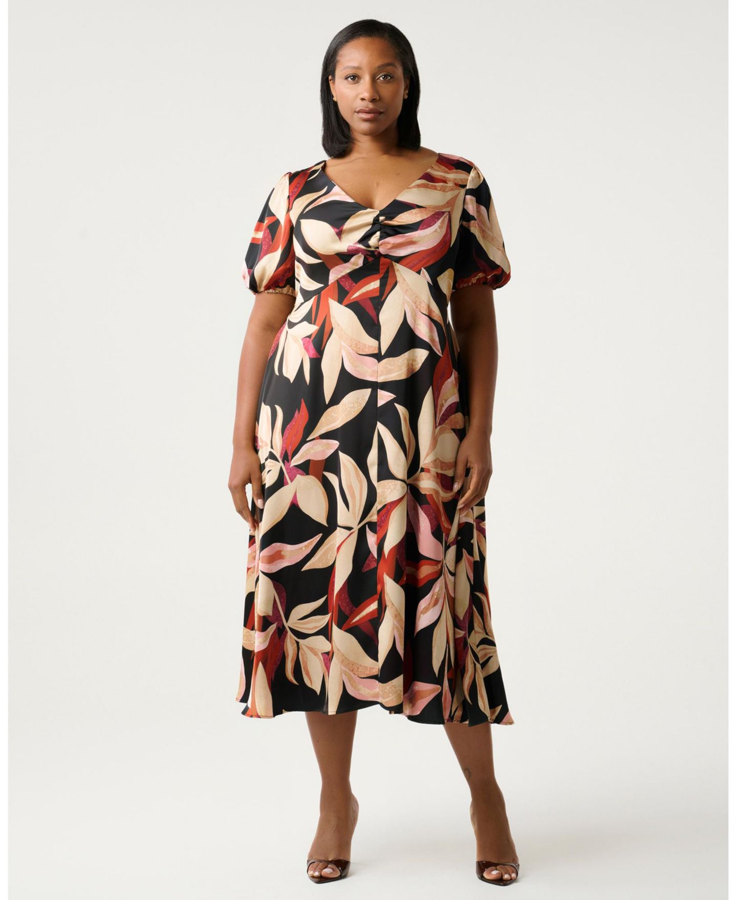 Женское платье ESTELLE Laura Print V-Neck Puff Sleeve Midi, цвет: Ягодный — фото 1