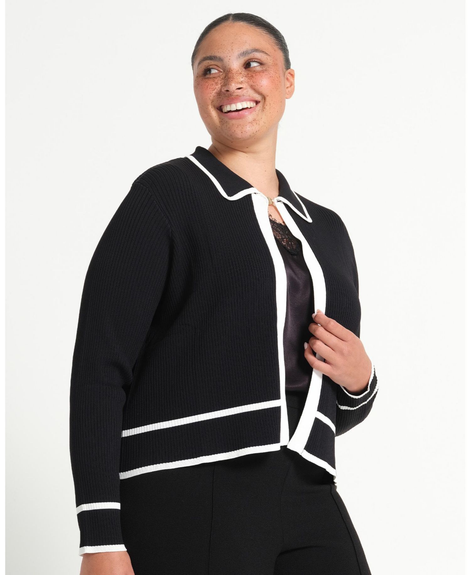 Women's Gracie Contrast Ribbed Collared Long Sleeve Cardigan