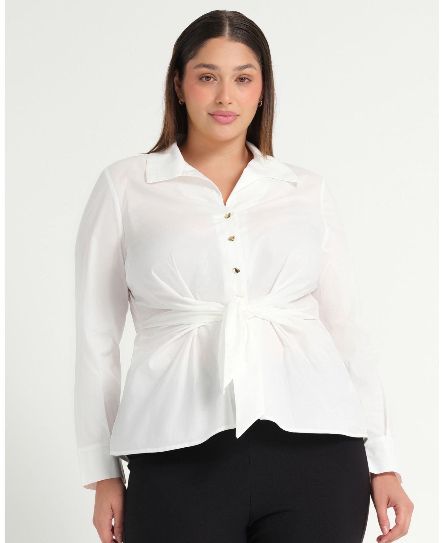 Женская рубашка ESTELLE Plus Size Leo Collared V-Neck Button Tie-Front, цвет: Молочный — фото 4