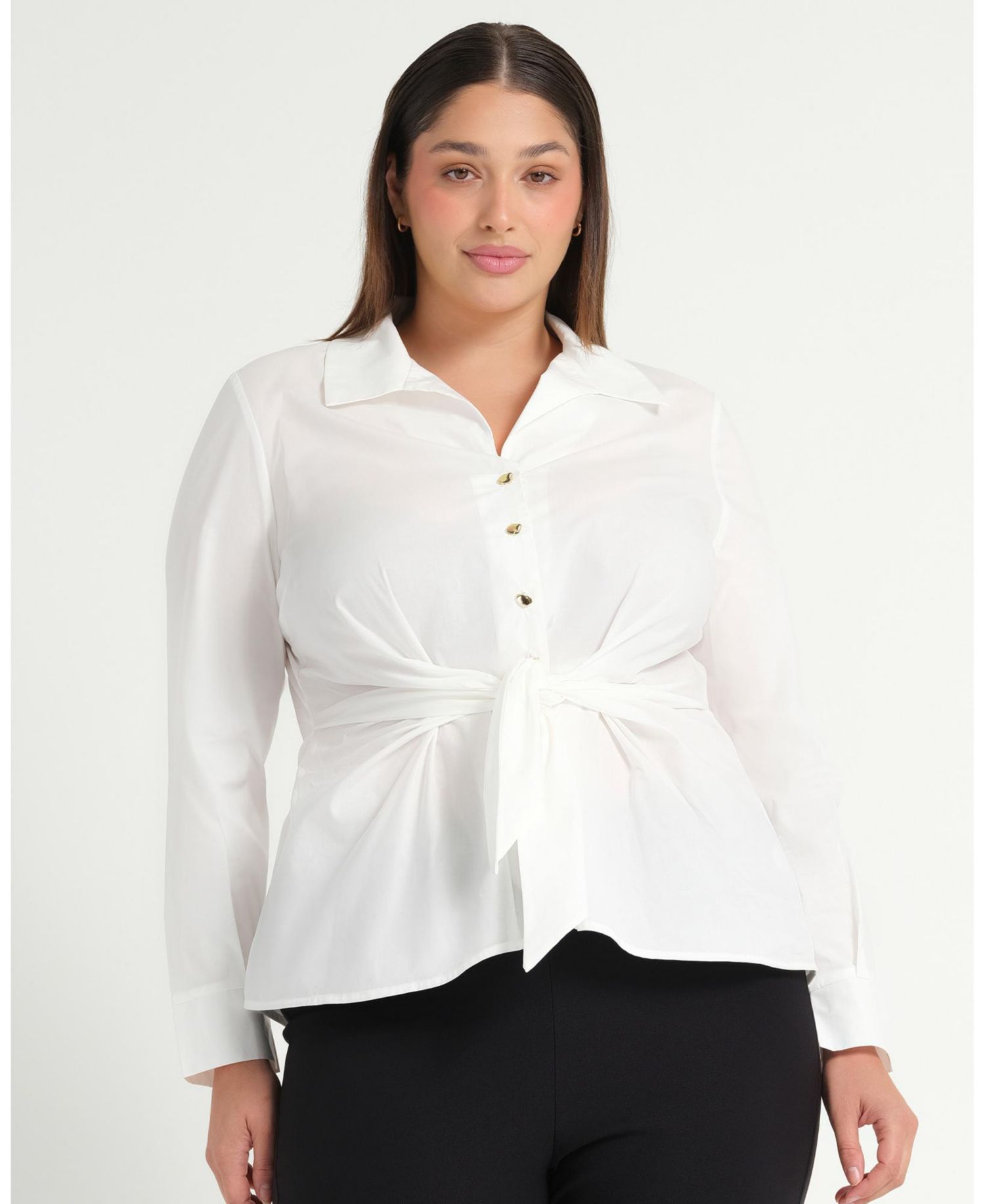 Plus Size Leo Collared V-Neck Button Tie-Front Shirt
