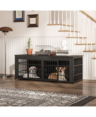 Double Dog House Furniture - Heavy Duty Wooden Indoor Kennel TV Stand with Divider - Spacious End Table Crate for 2 Medium or Large Dogs