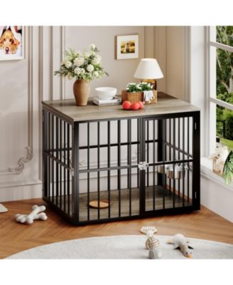 Heavy Duty Wooden Dog Crate for Medium Large Dogs Double Doors, Adjustable Bowls, Modern Indoor Kennel End Table, Pet Cage, Console