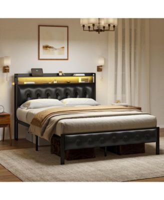 King/Twin Size Bed Frame with Storage Headboard & Charging Station Upholstered Platform Bed, King
