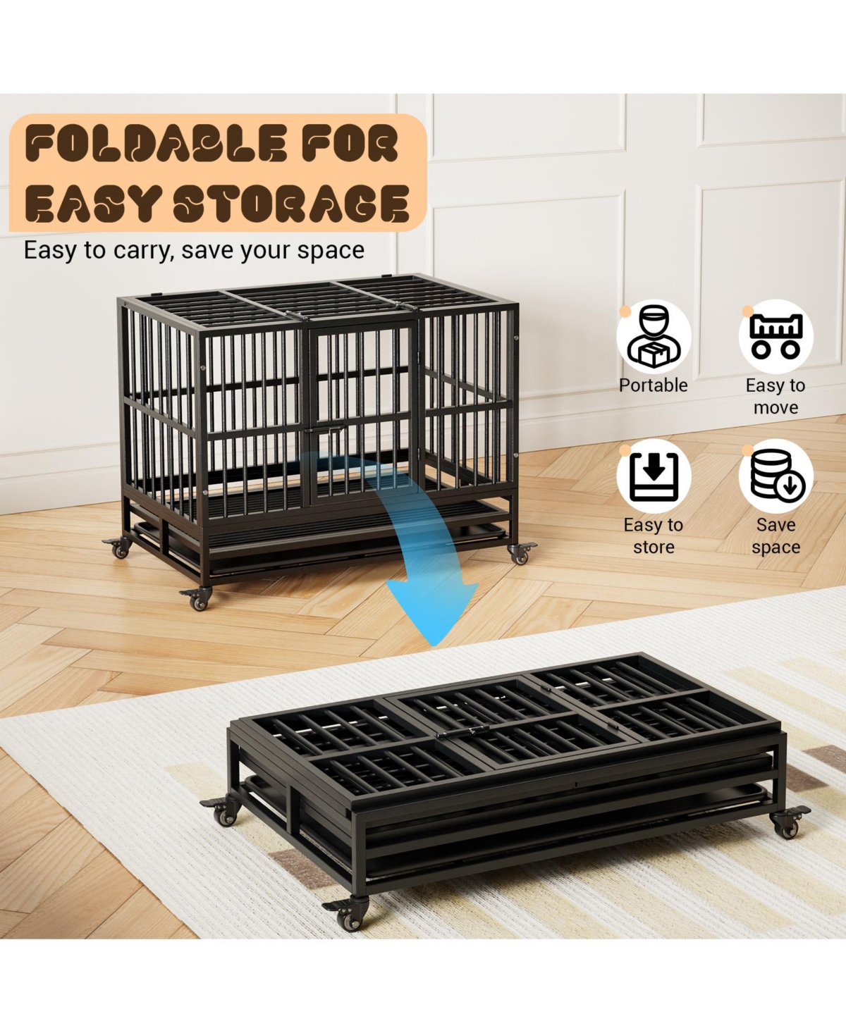 gaomon Heavy Duty Metal Dog Crate, Double Door Cage with Wheels, Folding Indoor Pet House Removable Tray Perfect for Pets