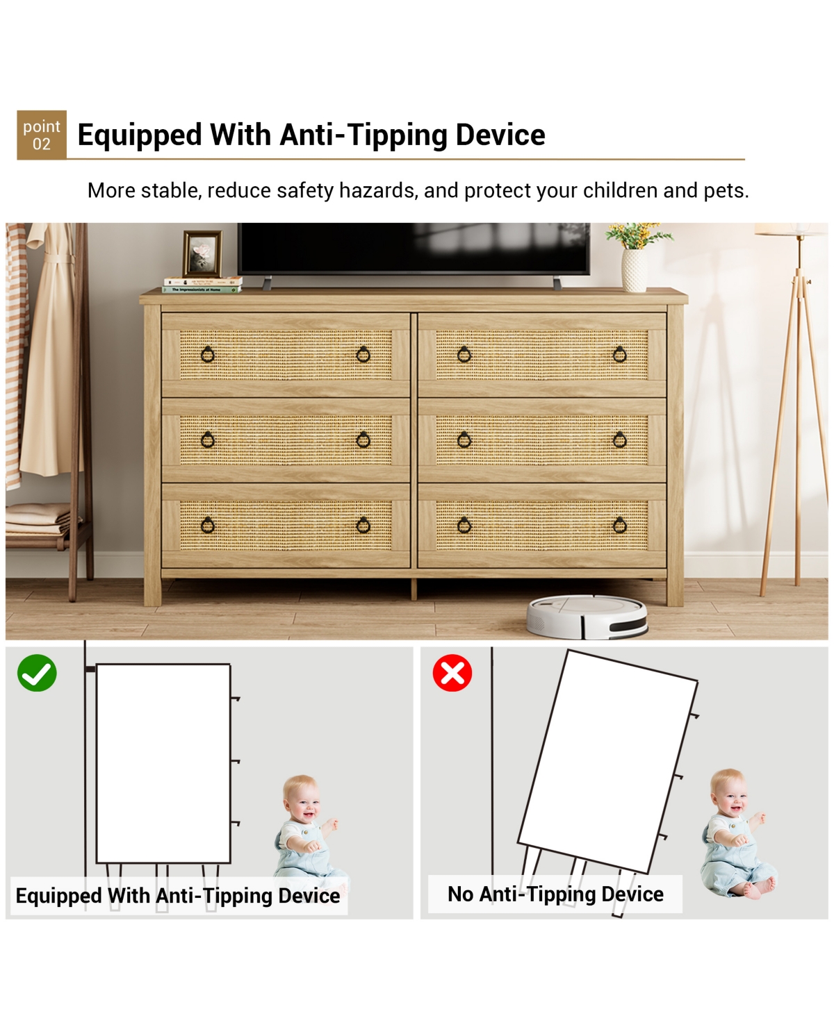 homfan 5 Drawer Tall Dresser, 45 in Rattan Dresser, Boho Chest of Drawers, Wooden Chest with Clothes Storage Cabinet
