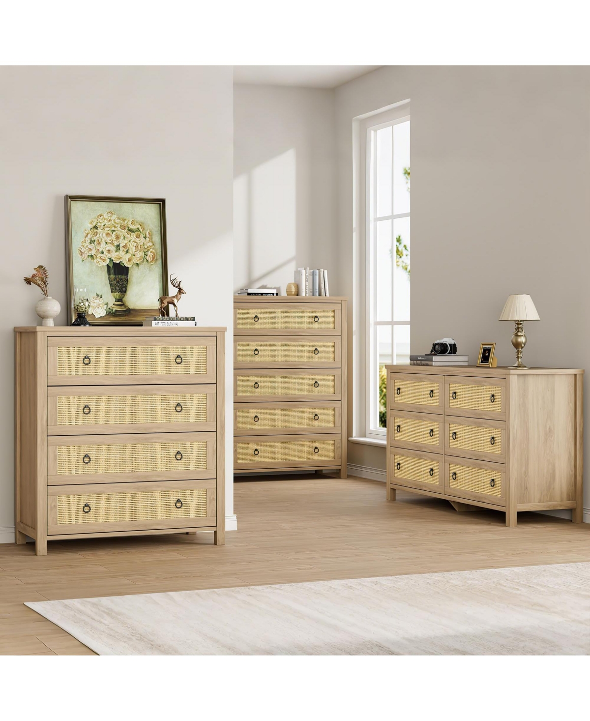 homfan 5 Drawer Tall Dresser, 45 in Rattan Dresser, Boho Chest of Drawers, Wooden Chest with Clothes Storage Cabinet